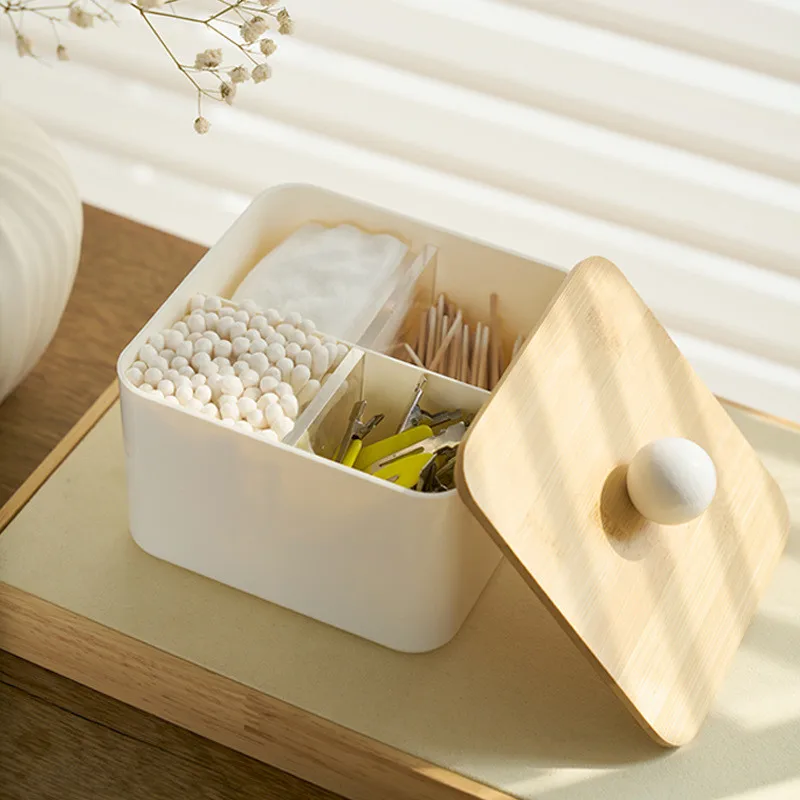 

Japanese Style Makeup Cotton Swab Storage Box with Bamboo Lid Toothpick Dental Floss Divider Organizers Desktop Small Items Case