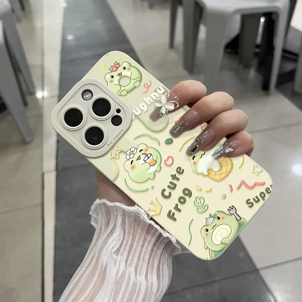

Cute Frog Dessert Phone Case For iPhone 11-17 Pro Max Kawaii Green Cartoon Shockproof TPU Cover