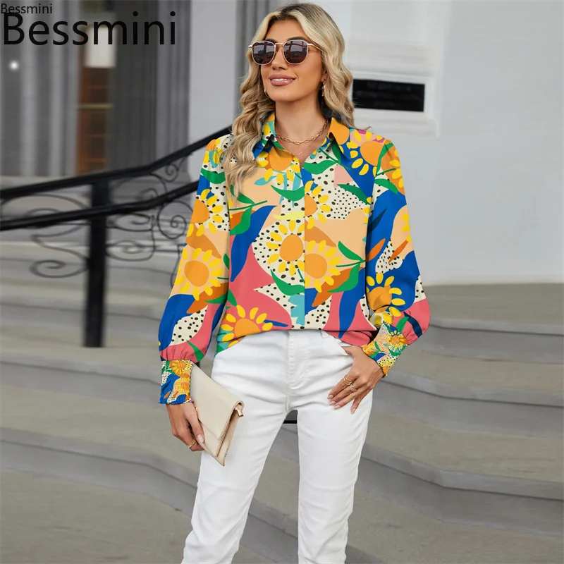 

Осенние женские винтажные рубашки с цветочным принтом, однобортные повседневные блузки с рукавами-фонариками и отложным воротником, новинка 2023 года, женские топы