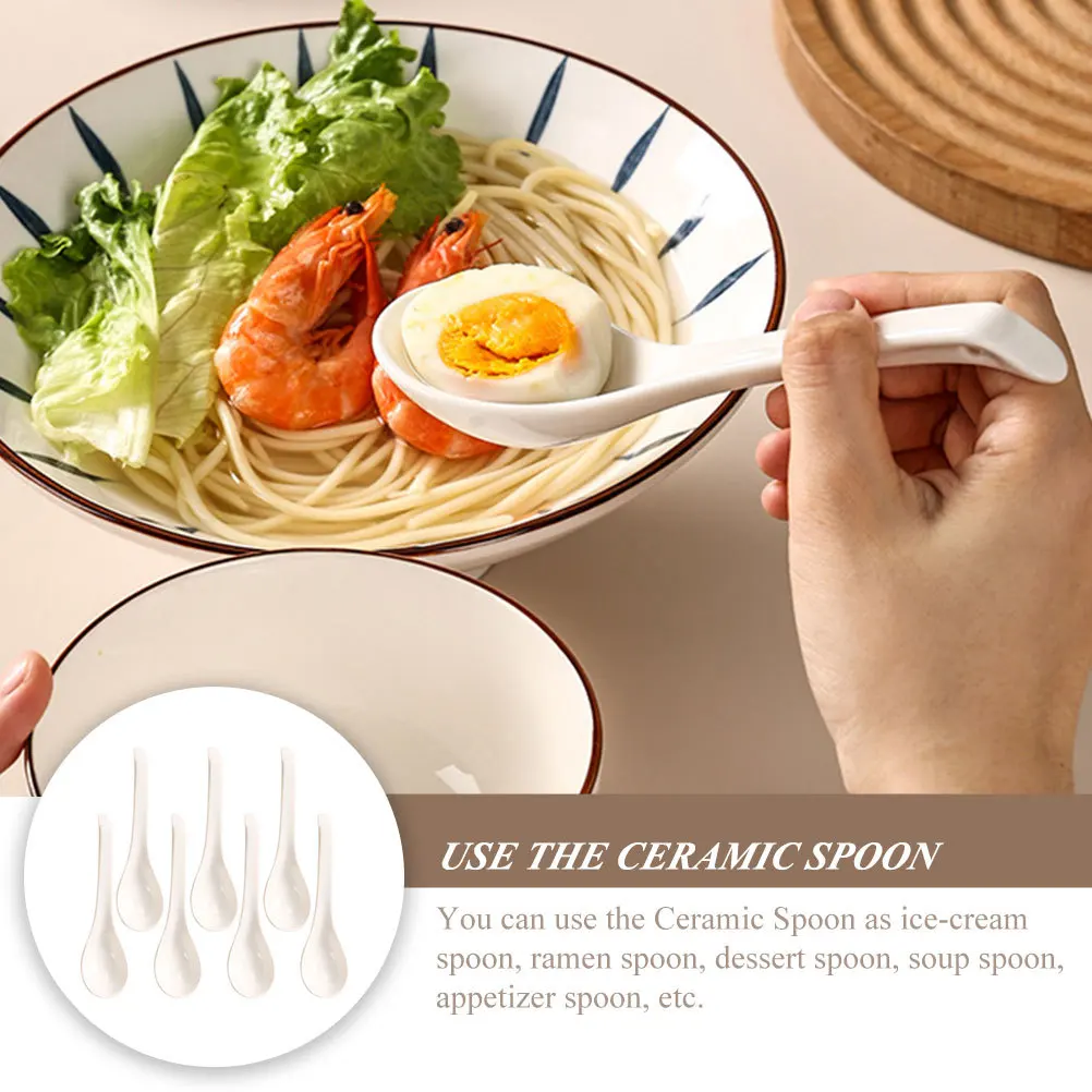 

6Pcs Ceramic Spoon High-Grade Smooth Safe for Soup Dessert Ice Cream Ramen Appetizer Multi-Use Kitchen Utensils Household