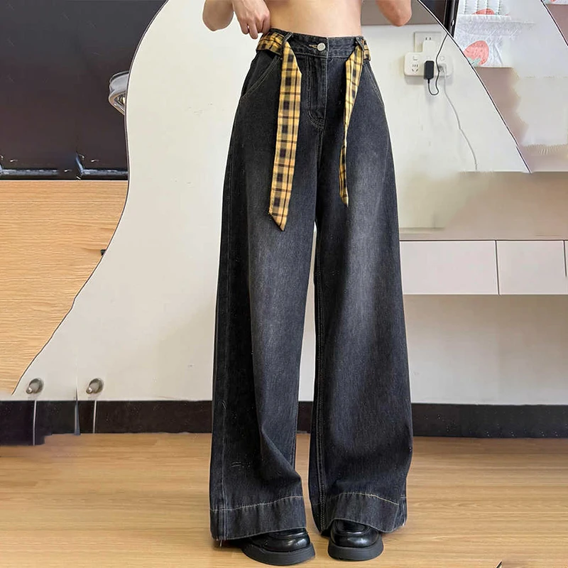 

American Style Black Gray Straight Jeans Women Summer New Plaid Bandage High Waist Wide Leg Denim Pants Street Wear