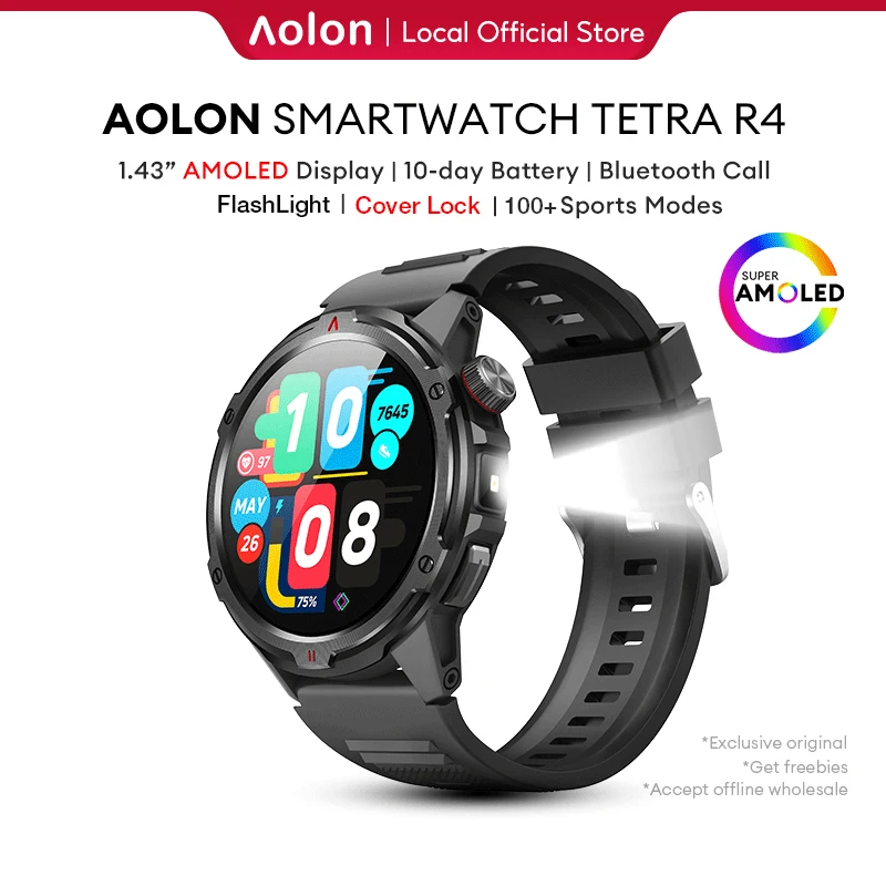 Aolon Tetra R4 Smart Watch Men AMOLED AOD Bluetooth Call Flashlight Compass Waterproof Outdoor Sport Tracker Smartwatch