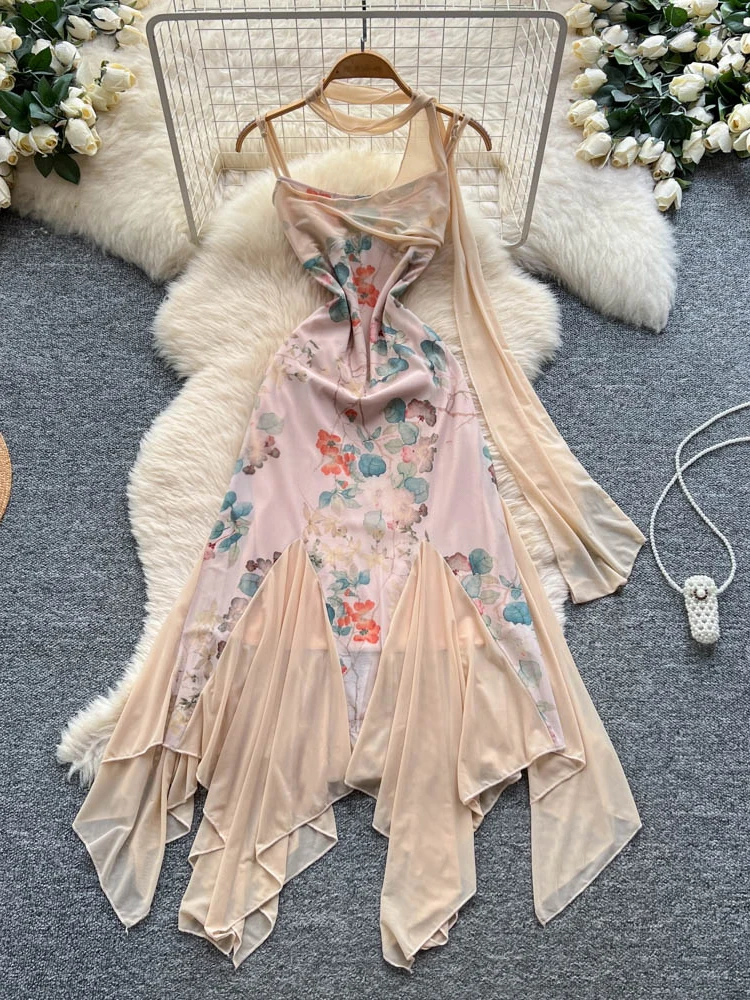 الفرنسية Sle عالية الخصر ألف خط الدكتور الصيف Vaion المرأة خارج أولدر تنورة طويلة مطبوعة لي تصميم Netie غير المتكافئة