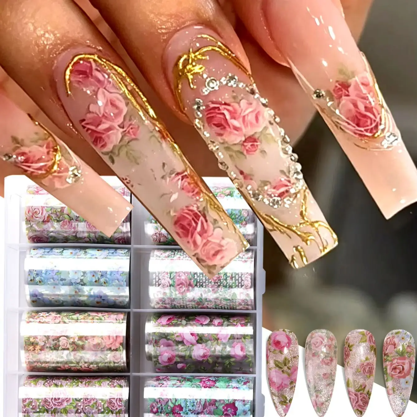 10pcs Vintage Blending Spring Flowers Nail Art Foil Transfer Stickers Rose Design Transfer Sticker Foil for Nails Nail Art
