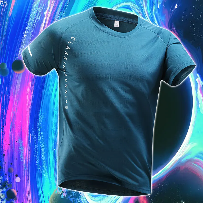 Reflective Running T-shirts Summer Quick Dry Short Sleeves Fitness Letter Print Elasticity Breathable Men Fitness Sports T-shirt