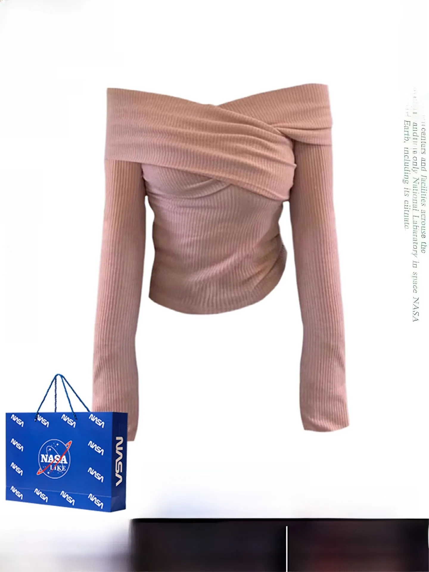 

Pink Knitted Cross-Shoulder Long-Sleeve One-Shoulder Top Women's Slimming Design Inner Wear T-Shirt Spring Season Polyester F...