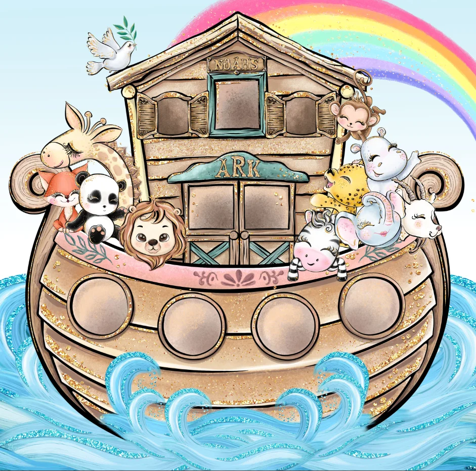 5x5FT Flood Water Genesis Noah's Ark Baby Animals Happy Birthday God Custom Photo Backdrops Backgrounds Vinyl 150cm X 150cm