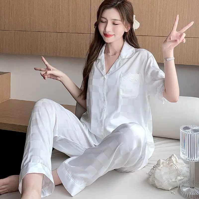 Summer Pajamas Women's Ice Silk Pijama Mujer Short Sleeves Casual Luxury Loungewear Women Light and Breathable