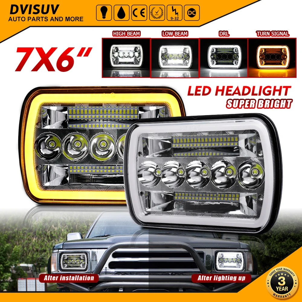 HAOLIDE Car 6x7 Inch Led Headlights Amber DRL Automotive Square Headlamp 6000K White Assembly For Jeep Cherokee XJ Wrangler YJ