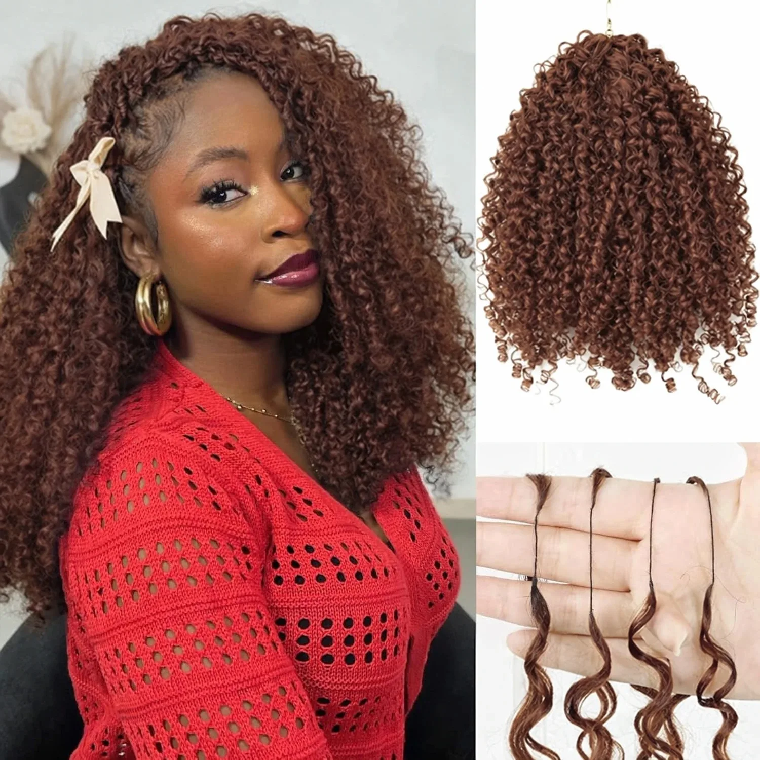 Chocorate Brown Kinky Curly Feather Crochet Hair Extensions Knotless Highlight 4# Color Curly Crochet Hair With String For Braid