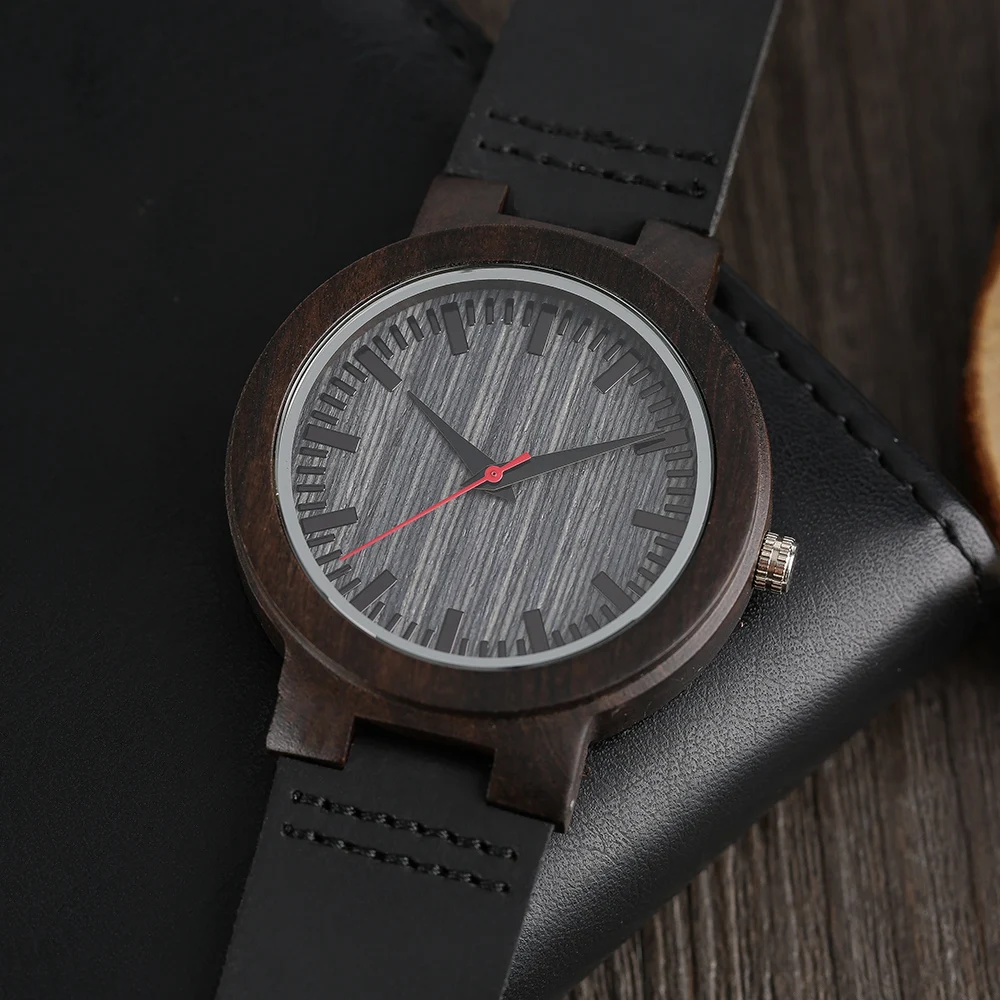 Vintage Ebony Wood Genuine Leather Watch for Men Women Stylish Casual Styles Red Seconds Simple Dial Wooden Wristwatches