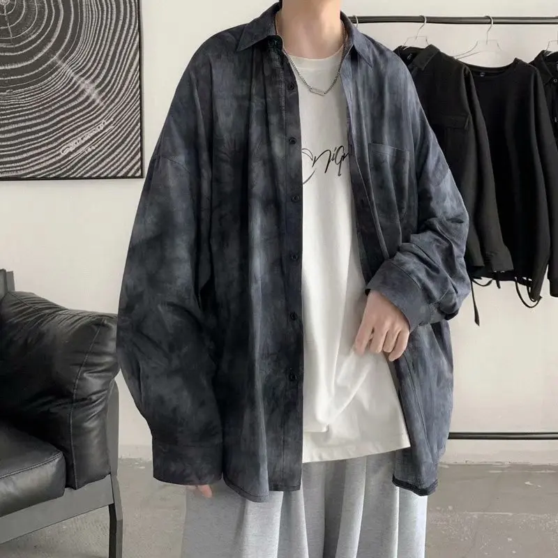 

Loose Men's Tie Dye irt Long Sve Korean Sle Faionable Haome Hong Kong Sle Japanese Outerwear Autumn Wet Sweat