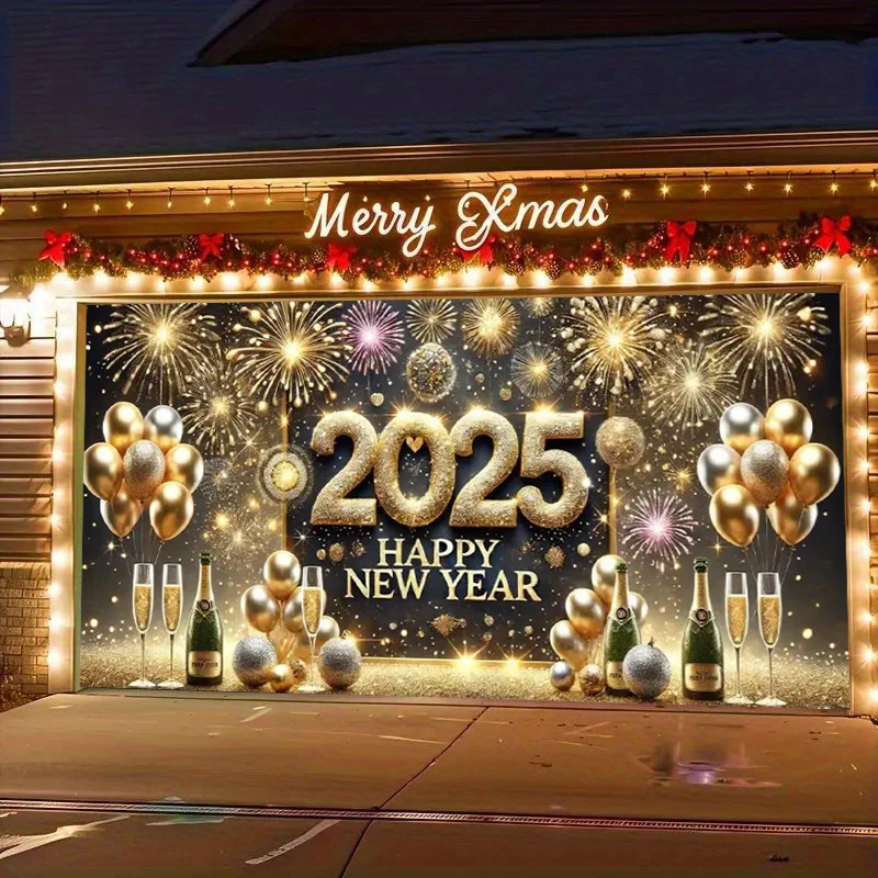 Happy 2025 New Year Theme Photography Garage Background Celebration Banners Winter Firework Golden Wine Glasses Party Decor Gift