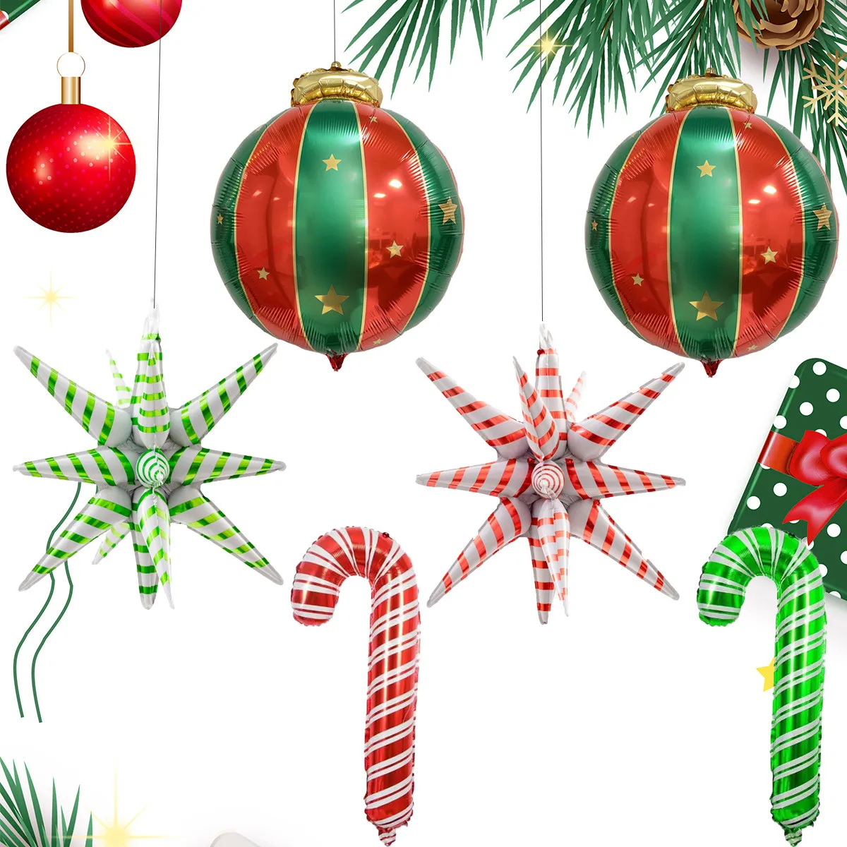 6 uds. Globos colgantes de Navidad, bola roja y verde, globo con forma de estrella explosiva, bolas de bastón de Navidad, adornos navideños para el hogar
