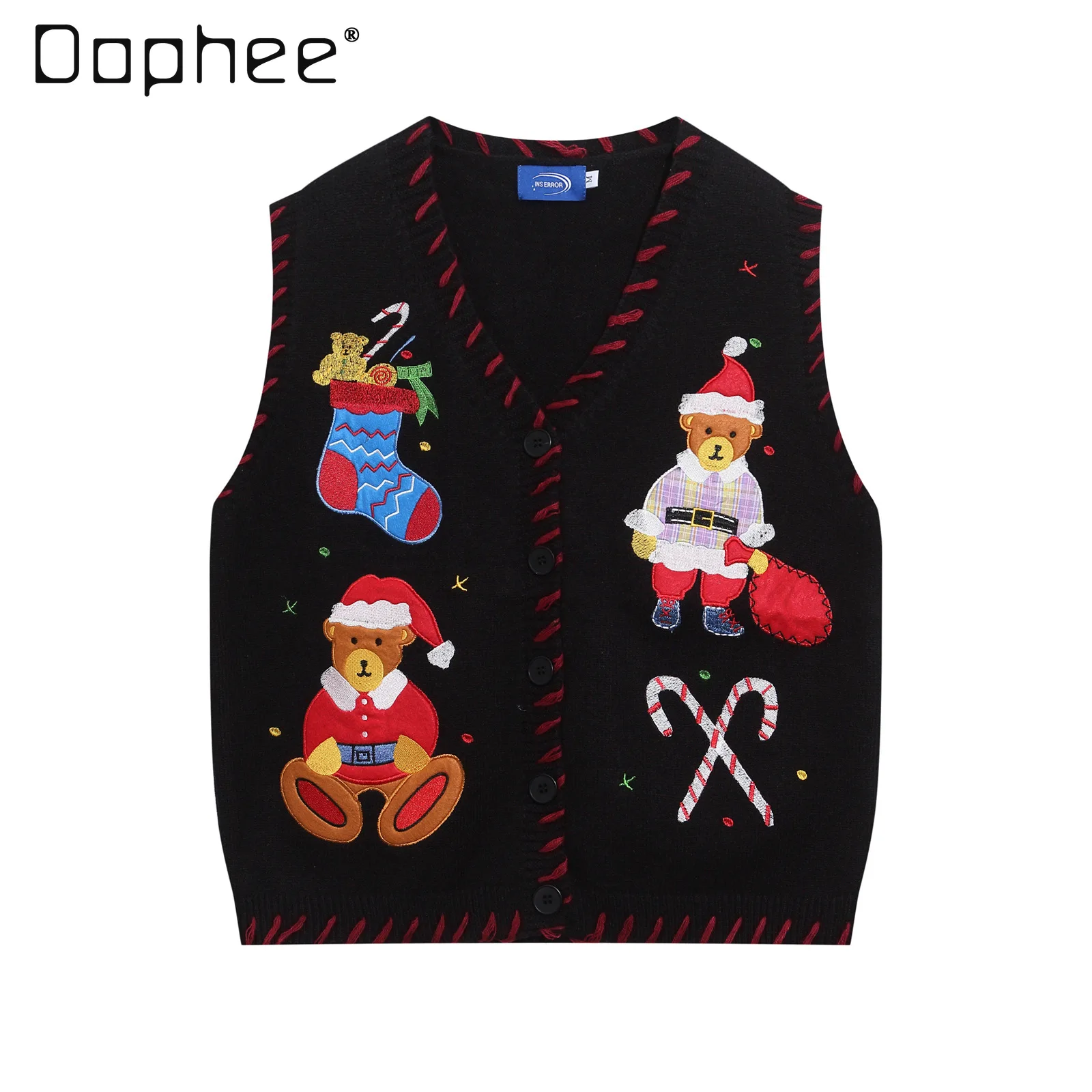 

American Retro Cute Christmas Bear Embroidered V-Neck Vest for Couples Autumn and Winter Versatile Sweater Kawaii Vest
