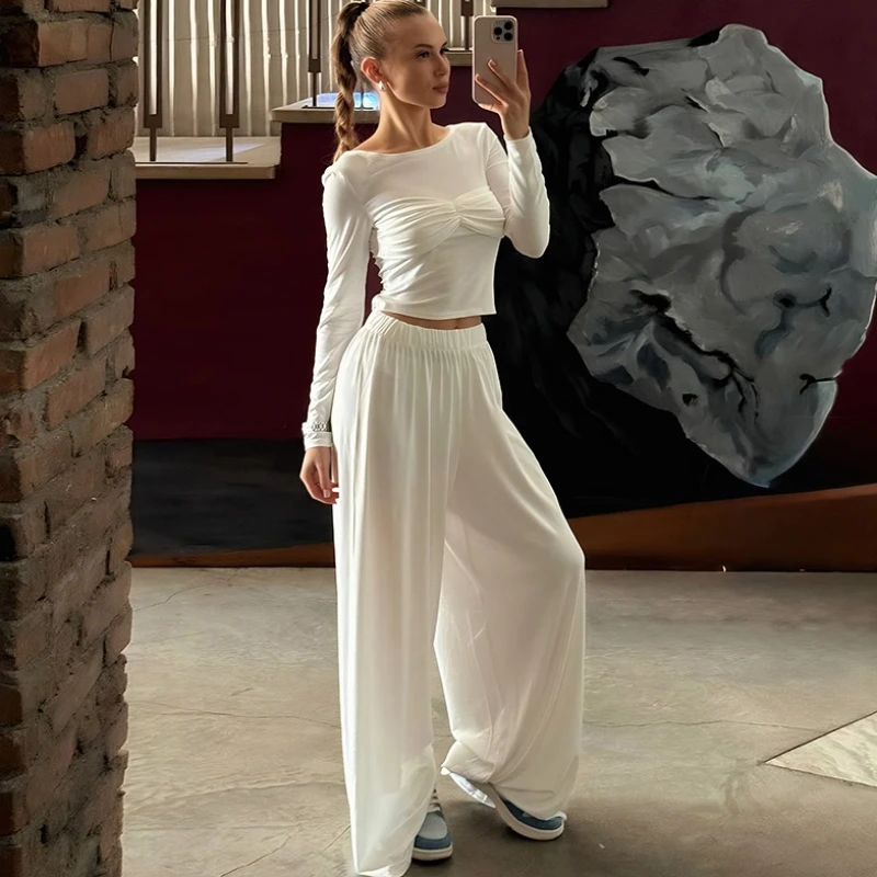 

Tornova Long-Sleeved Tops Wide-Leg Pants Leisure Suits Women's Solid Loose Wrinkles Splicing Set Autumn Commuting Female Suits