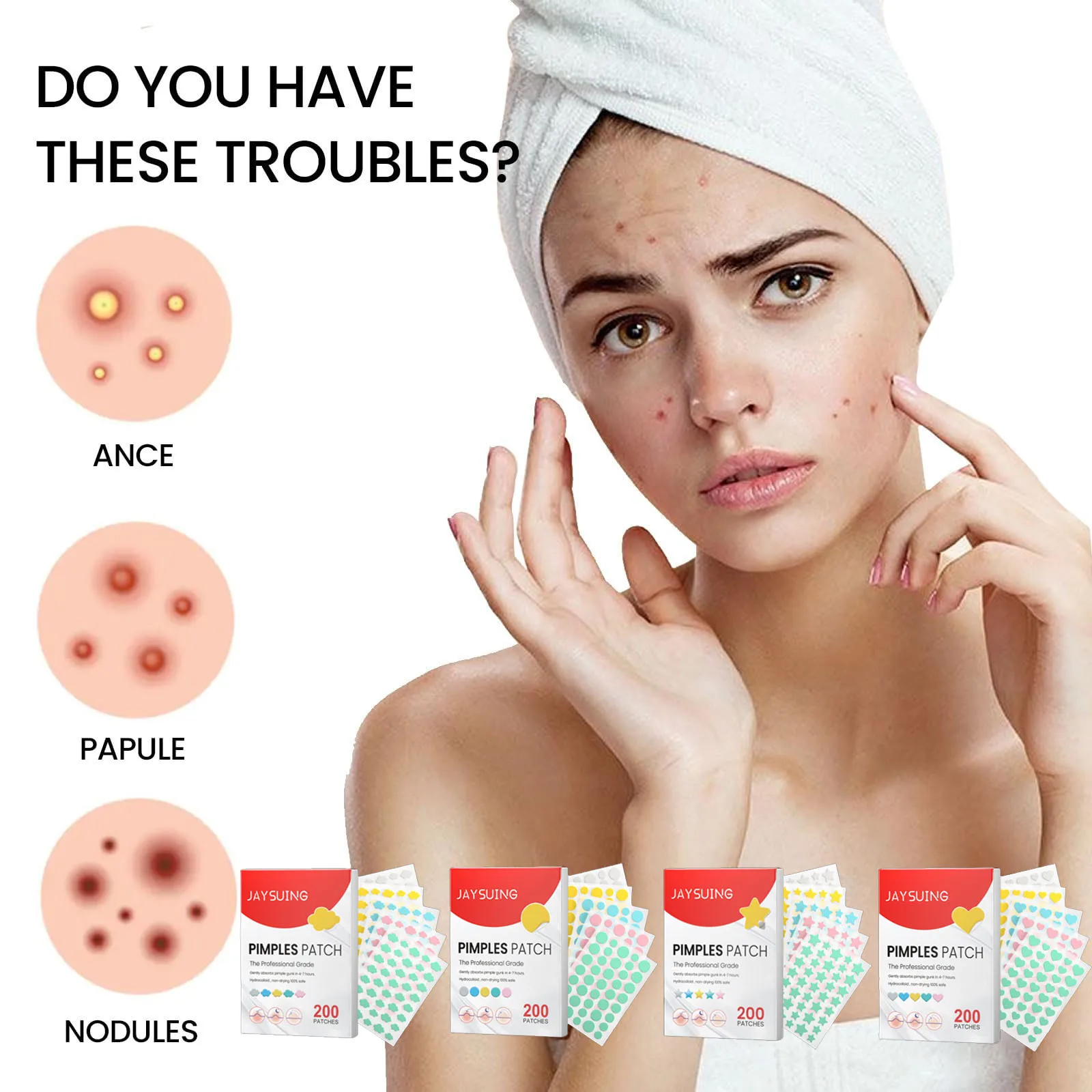 200 шт./кор. пластырь от прыщей, пятна от прыщей, закрытые пятна от прыщей, красочный гидроколлоидный чехол в форме звезды, уход за кожей лица от прыщей