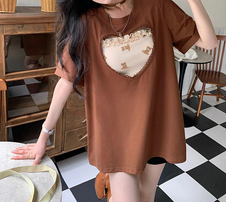

2025 New Heart Hollow Design Short Sleeved T-shirt and Teddy Bear Tank Top Women's Suit