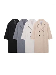 Women's Double Breasted Loose Woolen Coat, Lapel Collar, Long Sleeve, Female Outerwear, Chic Overcoat, Fashion