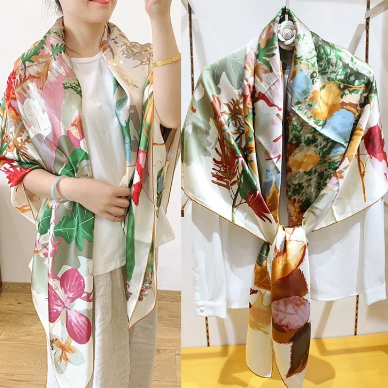 

High-end Elegant Female Exquisite Fashion National Style Print Quality 18MM Plain Satin Silk Hand-rolled Edge Large Scarf Shawl