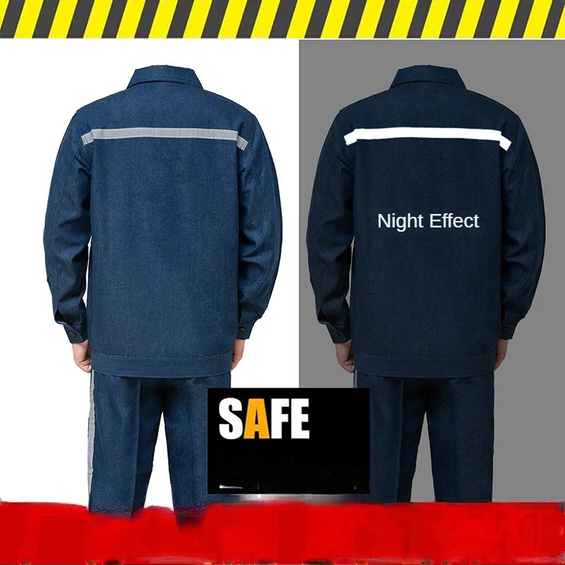 Summer Men's Thin Denim Work Suit Wear-resistant Long-sleeved Labor Insurance Reflective Strip Factory Clothing