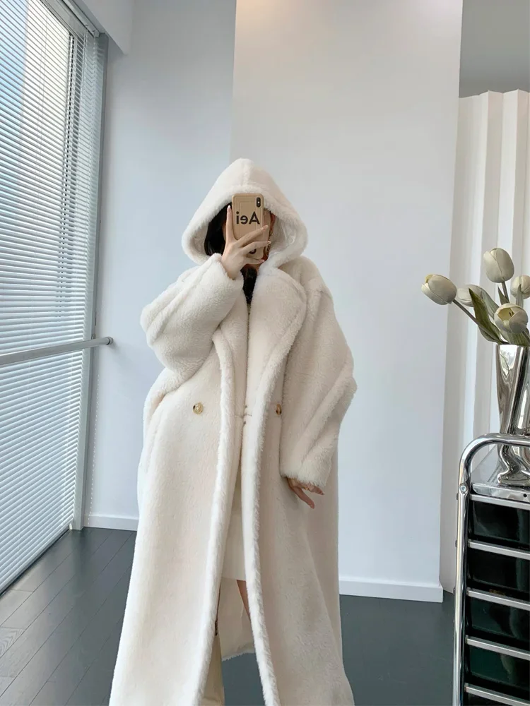 HNL Hooded Teddy Bear Fur Mid-length Coat 2022 Winter New Tobacco Color Alpaca Coat Women\'s Loose