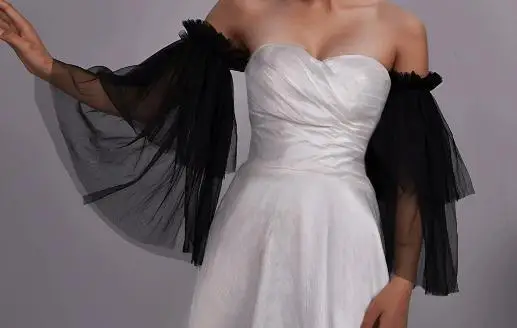 

1 пара черных свадебных платьев с рукавами, стильное длинное прозрачное тюлевое свадебное платье на руку, вечернее платье с сетчатыми рукавами и длинными рукавами