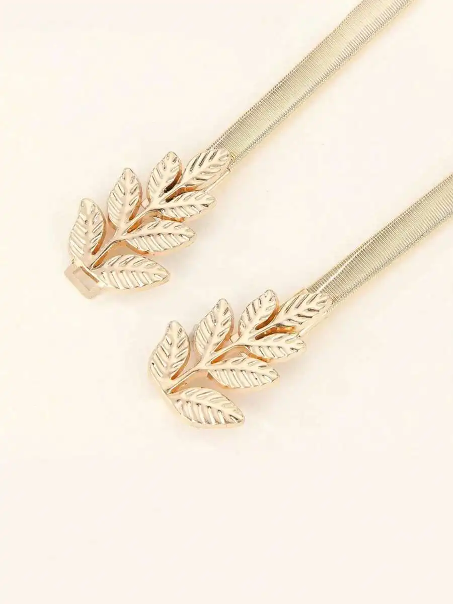 Ellevyn 1pc Women Silver Leaf Decor Elastic Waist Chain Belt, Elegant Versatile Accessory To Match Dresses, Skirts, Jackets For view 2