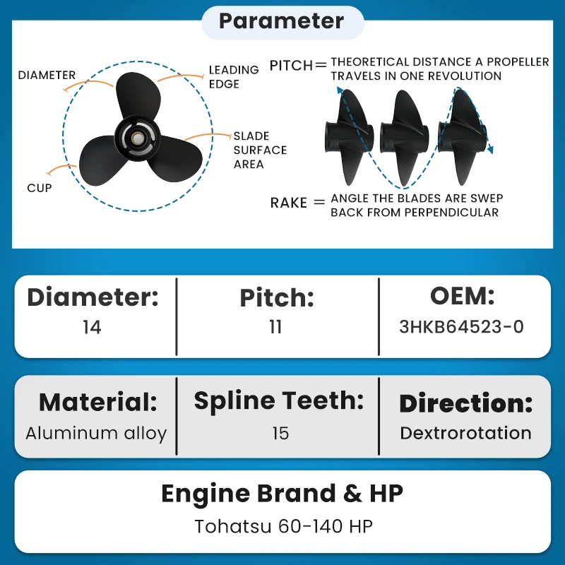 Aluminum 14X11 Boat Propeller for TOHATSU Outboard Engines 60 70 75  90 115 120 140 HP  15 Spline, RH Rotation  3-Blade Design