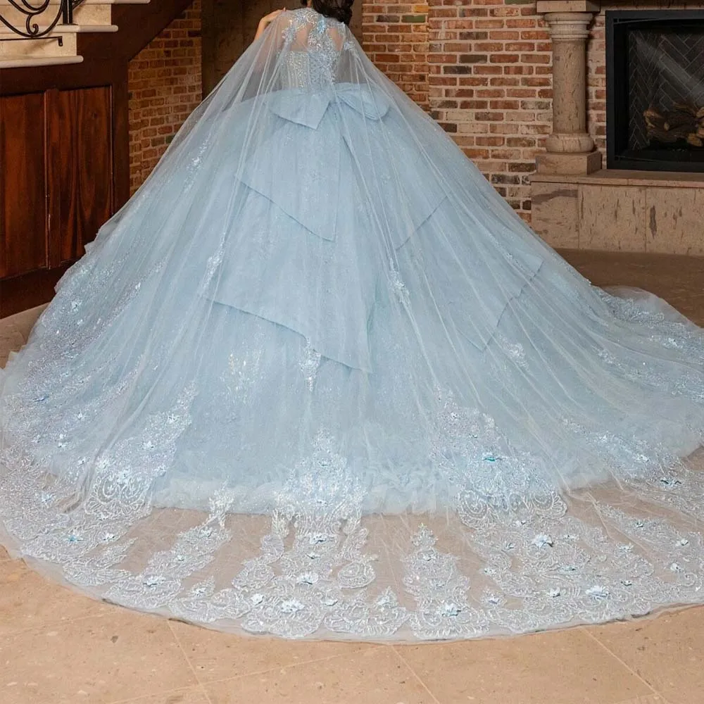 Customized Sky Blue Quinceanera Dress with Cape Crystal Embellished vestidos de 15 quinceañera Lace Appliques Ball Gown with Bow