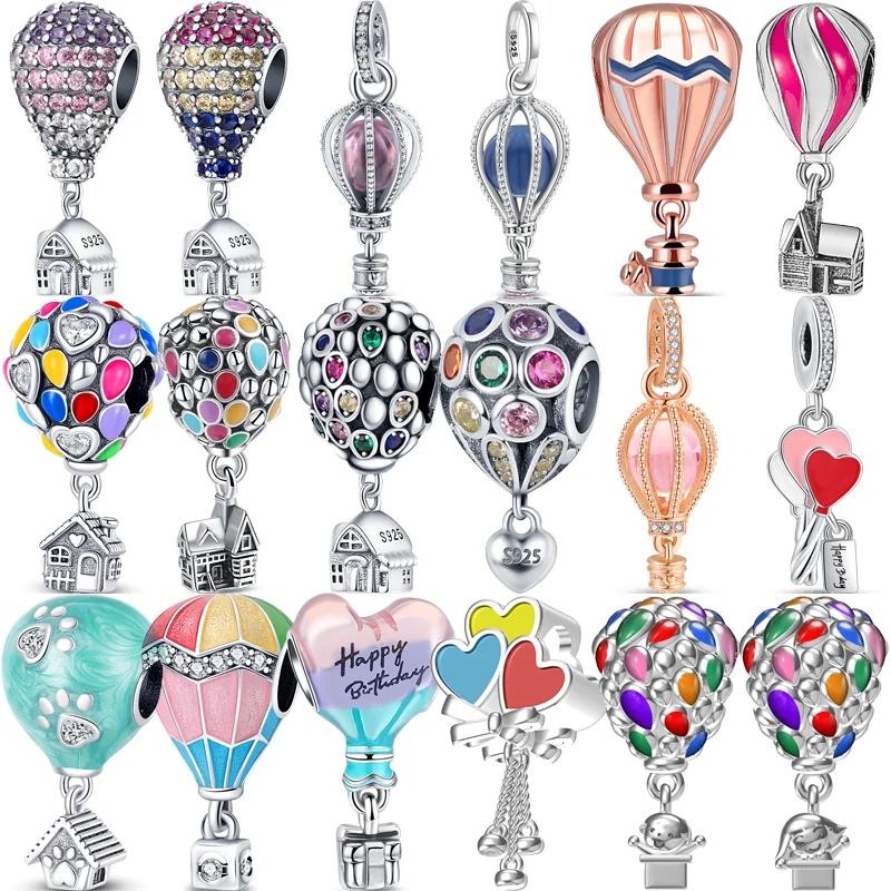 Colgante de plata 925 con forma de globo aerostático, abalorio con forma de casa, corazón y pata, compatible con pulsera Pandora Original, joyería