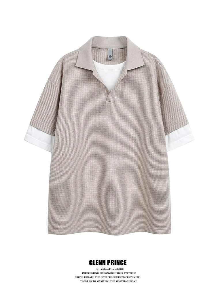 

GPstudio American V-neck Texture Short-sleeved Shirt Men Summer Commute Cool Polyester Blend Breathable Outerwear