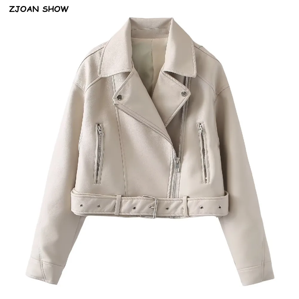 

2025 Women Beige Front Zipper PU Leather Jacket American Retro Buckle Belt Hem Full Sleeve Coat High Waist Short Outwear Silver