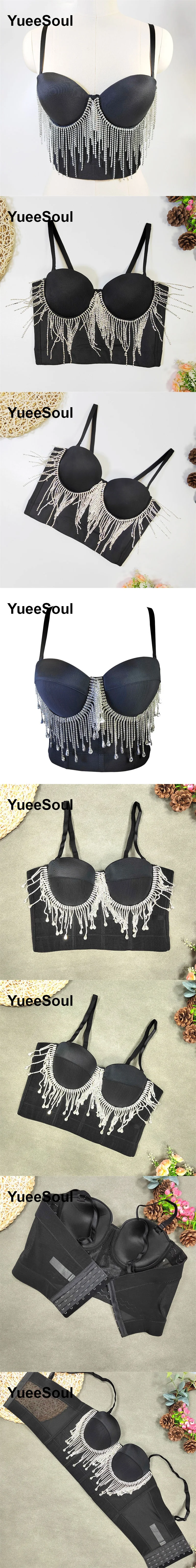 Black Y2K Tops White Rhinestone Sequins Tassel Slim Crop Top New Gothic Party Club Wedding High Street Sexy Corset Top Camis