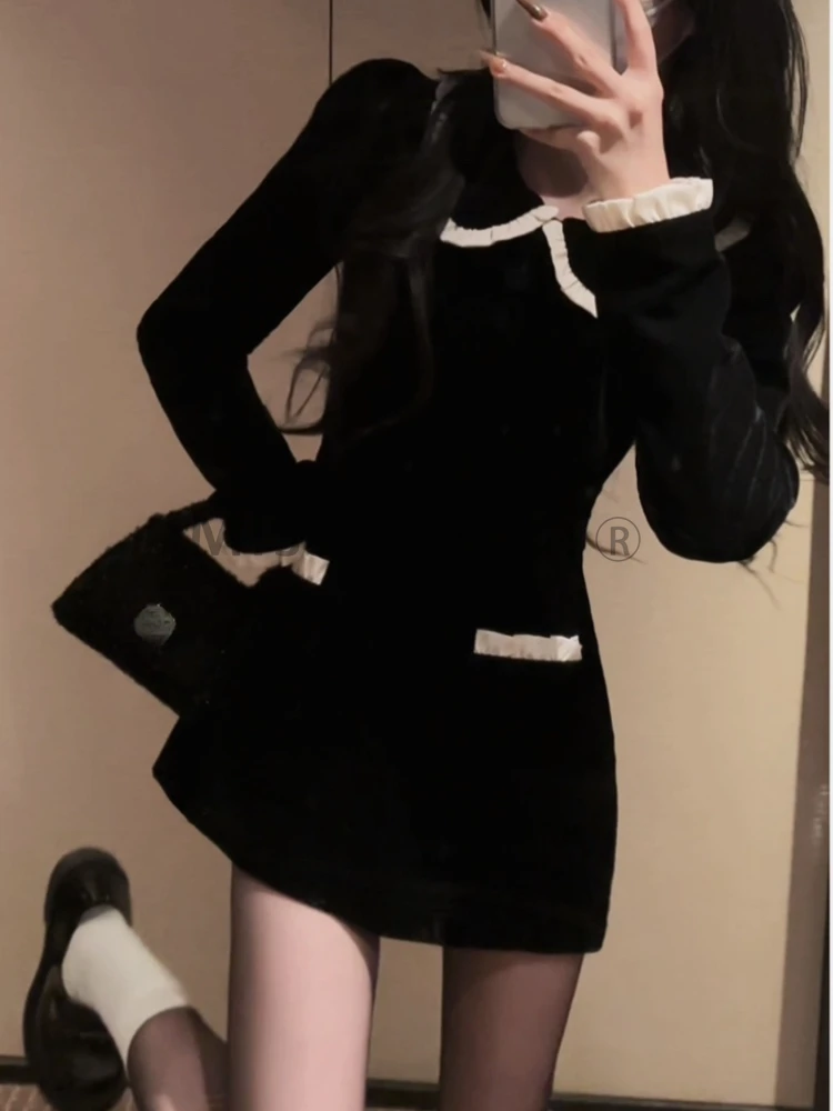 French Vintage One Piece Dress Women Pocket Elegant Y2k Evening Party Mini Dress Female Korean Style Casual Clothes 2024 Winter