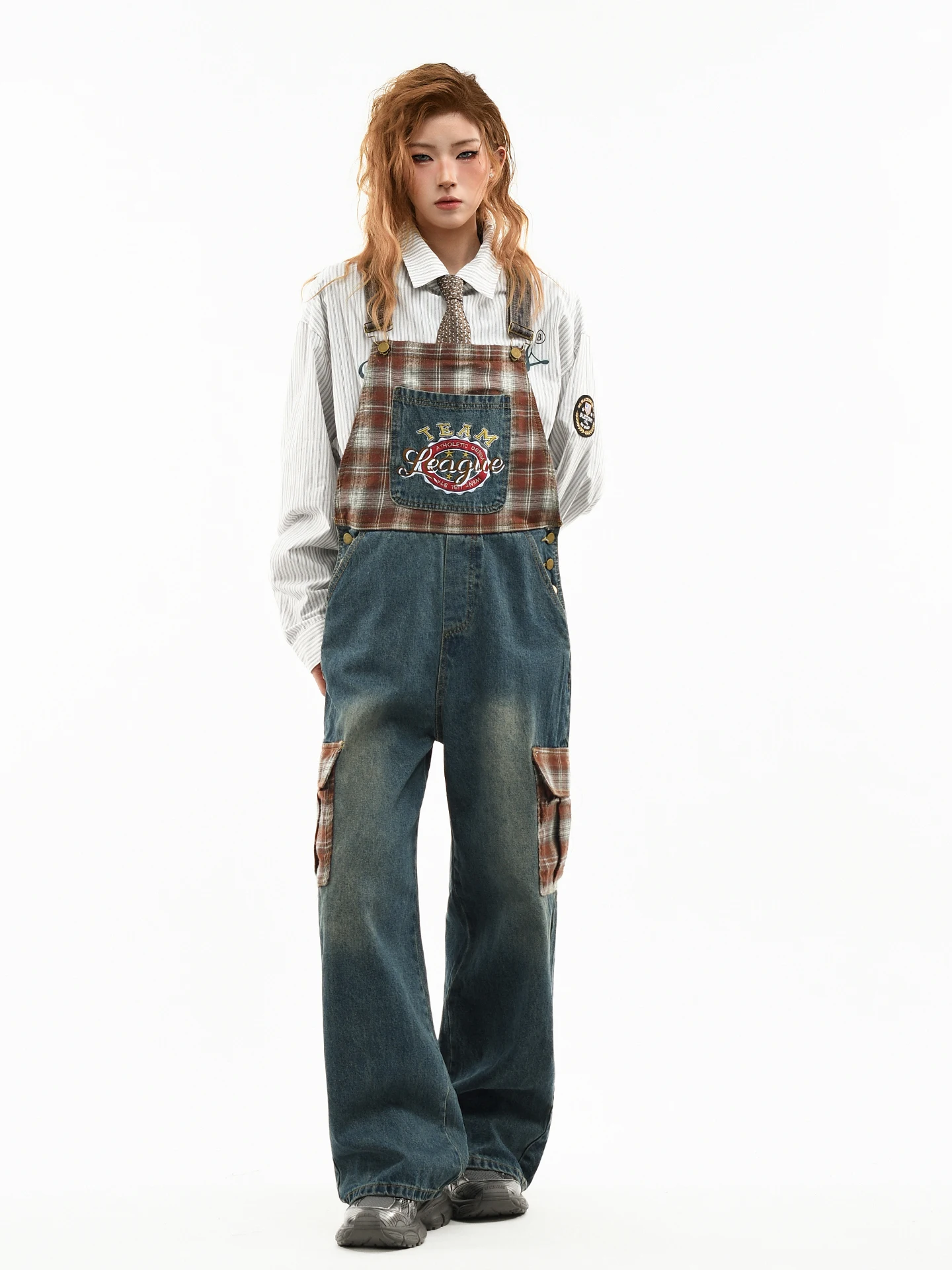 

Женские джинсовые комбинезоны в стиле ретро с клетчатыми вставками, свободные прямые брюки-комбинезон с прошивкой, длинные штаны