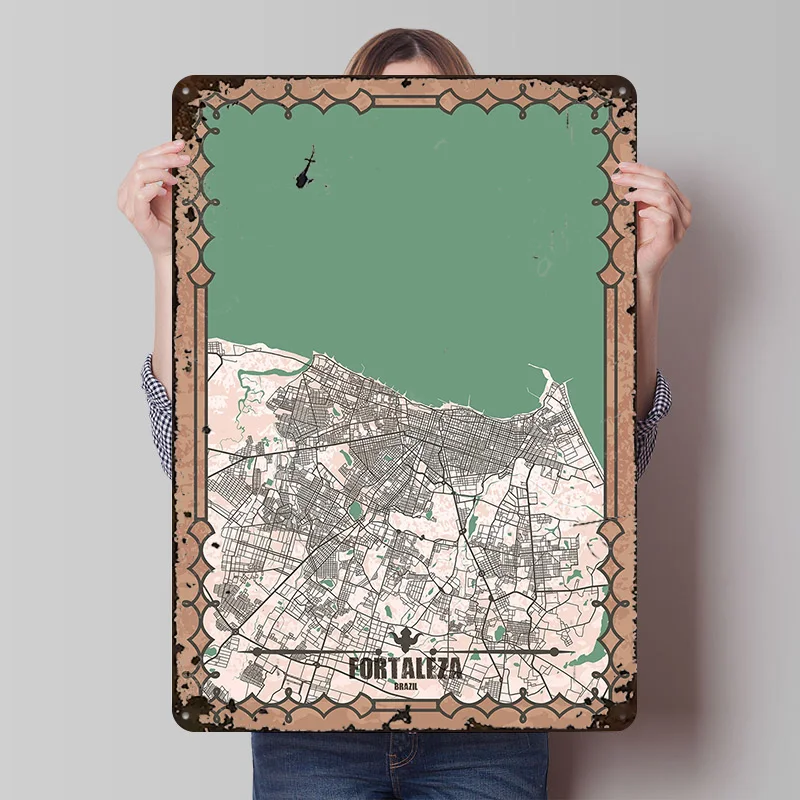 Mapa da Cidade de Fortaleza em Pôster Impresso, Arte de Parede Personalizada, Placas de Metal Retro Vintage para Decoração de Casa e Ornamentação de Sala de Jogos