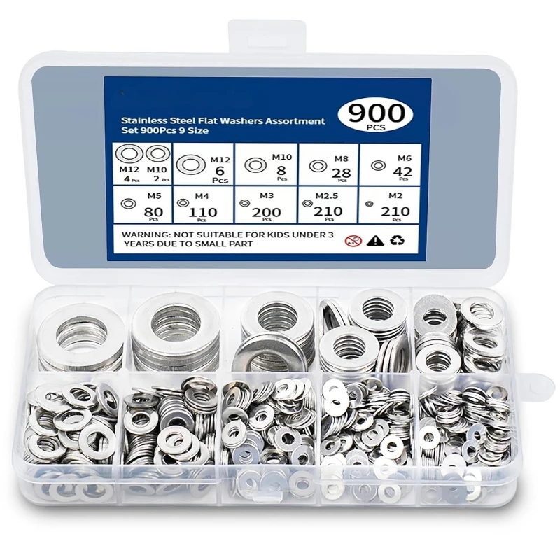 

900pcs 304 Stainless Steel Flat Washers Set M2-M12 Sump Plug Metal Washer Rings Plain Gaskets Fasteners Hardware