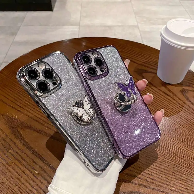 Butterfly Ring Holder Glitter Phone Case For OnePlus 12 8T 9R 10 11 Pro 11R Nord 3 CE 2 3 Lite  ACE 2V 3V N20 N30 5G Soft Cover image 3