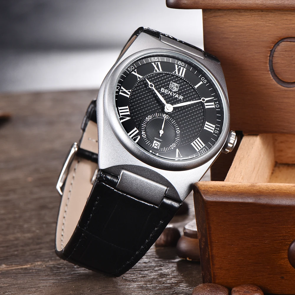BENYAR 40MM Men\'s Watches Retro Dial Quartz Watch For Men Luxury Military Leather Original Watches Waterproof Clock Reloj Hombre