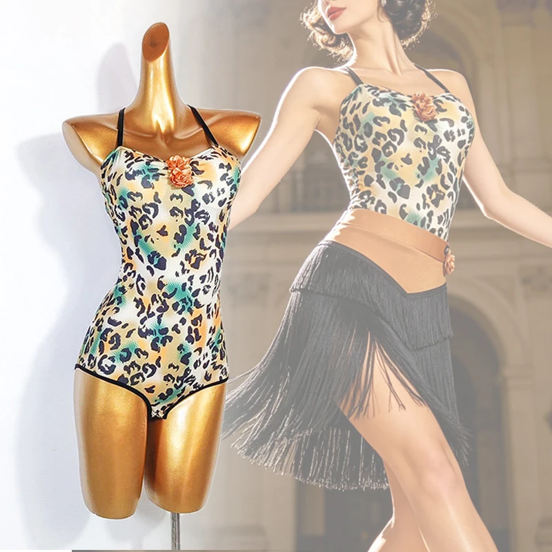 

Women Latin Dance Clothes Summer Halter Leopard Dance Bodysuit Black Fringe Skirt Cha Cha Samba Dancing Practice Wear VDL5590