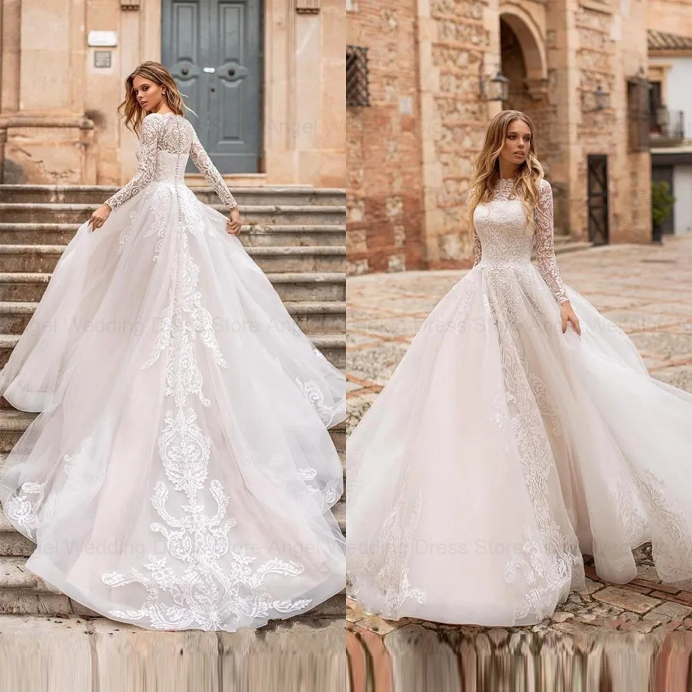 

ANGEL Princess Wedding Dress A Line Long Sleeve Lace Bridal Dresses Vestidos de novia Boho Wedding Gown With Romantic Buttons