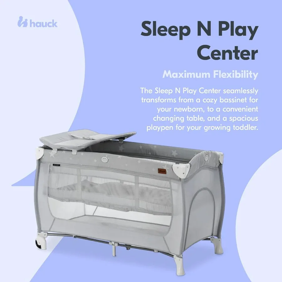 Sleep N Play Center Lettino da viaggio portatile per bambini con culla, fasciatoio, box, culla pieghevole per neonati, bambini piccoli, stelle grigie
