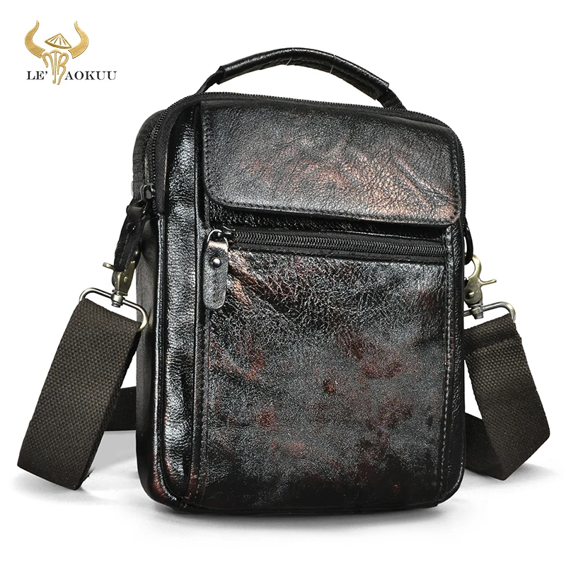 

Original Leather Male Coffee Design School Shoulder Messenger Crossbody bag Retro College 8" Tablet Tote Book Satchel bag 9807