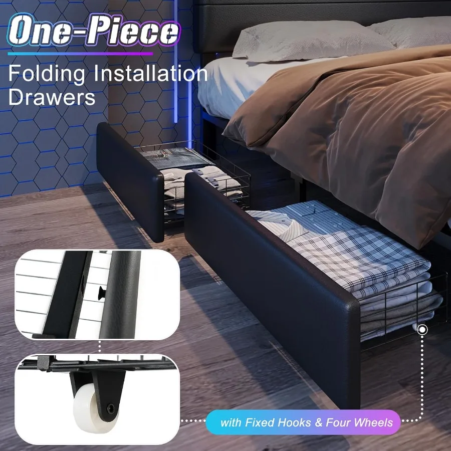 إطار سرير بمنصة بحجم كوين مع أضواء LED و4 أدراج تخزين ولوح رأسي منجد من الجلد بدون صندوق سرير ألعاب زنبركي