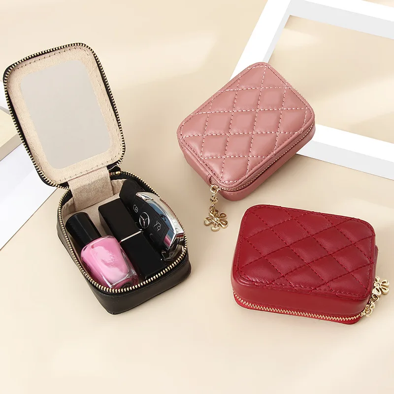 

PS Colorful Genuine Leather Mini Lipstick Case With Mirror Elegant Makeup Bag Stylish Cosmetic Accessory Storage Box