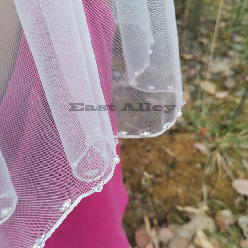 Velo de novia de marfil blanco de una capa, cuentas de perlas de cristal, borde de lápiz, accesorio de boda, velos de boda de hombro