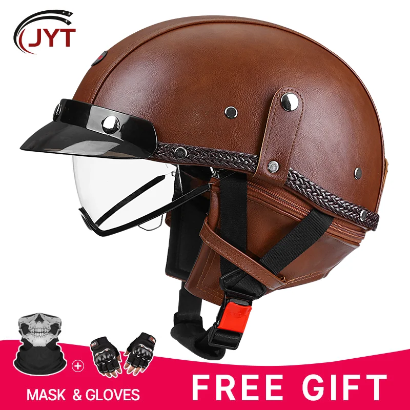 

Summer Unisex electric retro helmet inner lens motorcycle helmet cruising riding helmet retro half helmets brown leather