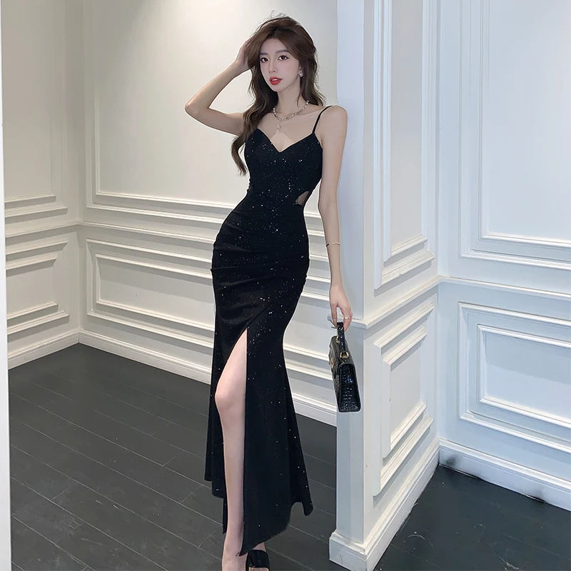 

Elegant Evening Party Sleeveless Long Dresses for Women Summer Sexy Fashion Split Slim Birthday Prom Sequin Female Clothing Gown