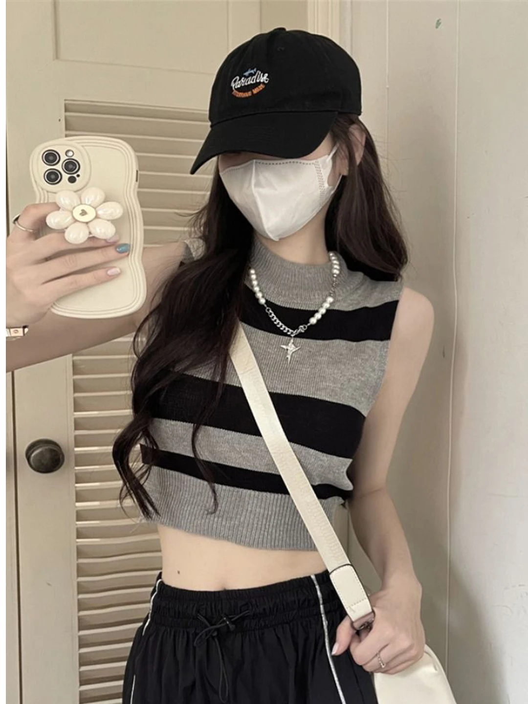 

Color Block Stripe Strap Vest Women's Inner Wear Short Sleeveless High Waist Belly Baring Outerwear Trendy Female Top